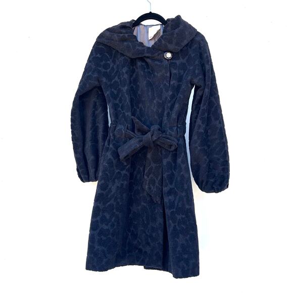 Rebecca Taylor Wool Angora Leopard Velvet Belted Coat Black 6 Puffy Voluminous - Picture 2 of 13